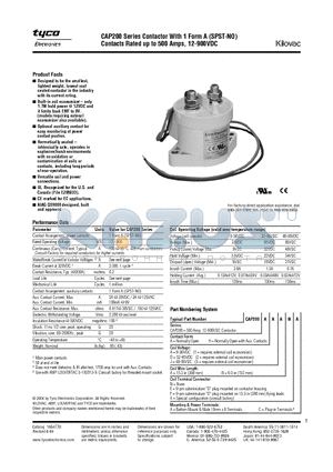 CAP200ADAEA datasheet - CAP200 Series Contactor With 1 Form A (SPST-NO) Contacts Rated up to 500 Amps, 12-900VDC