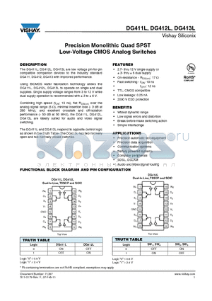 DG412LDQ-T1 datasheet - Precision Monolithic Quad SPST Low-Voltage CMOS Analog Switches