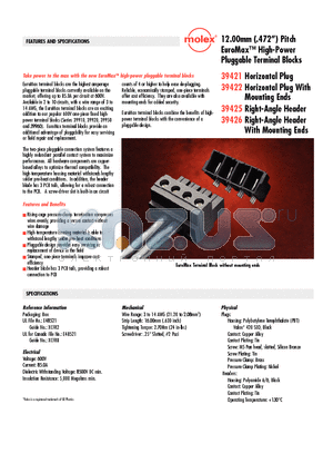 39425-0002 datasheet - 12.00mm (.472) Pitch EuroMax High-Power Pluggable Terminal Blocks