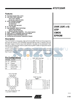 AT27C256R-70JC datasheet - 256K 32K x 8 OTP CMOS EPROM