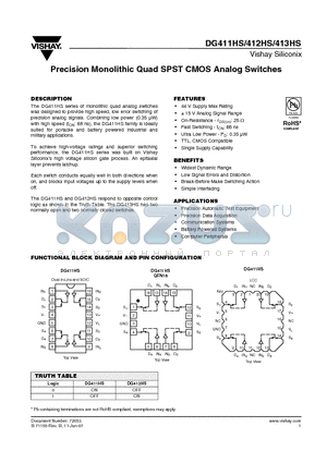 DG413HSDJ-E3 datasheet - Precision Monolithic Quad SPST CMOS Analog Switches