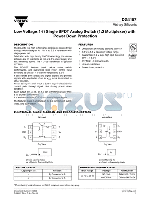 DG4157 datasheet - Low Voltage, 1-Y Single SPDT Analog Switch (1:2 Multiplexer) with Power Down Protection