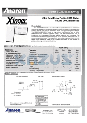 B5759A50400P00 datasheet - Ultra Small Low Profile 0603 Balun 50Y to 200Y Balanced