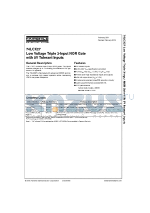 74LCX27MTC datasheet - Low Voltage Triple 3-Input NOR Gate with 5V Tolerant Inputs