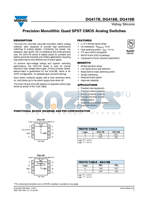 DG417BDJ datasheet - Precision Monolithic Quad SPST CMOS Analog Switches