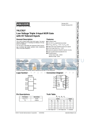 74LCX27MTC datasheet - Low Voltage Triple 3-Input NOR Gate with 5V Tolerant Inputs