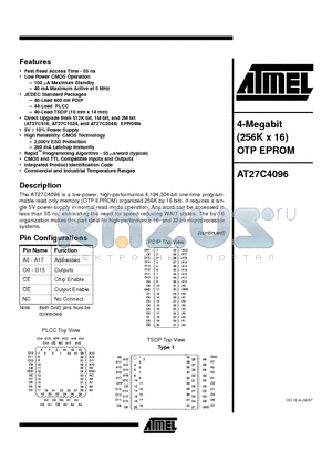 AT27C4096-15VC datasheet - 4-Megabit 256K x 16 OTP EPROM