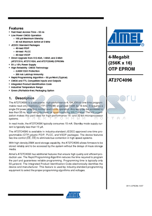 AT27C4096-90JI datasheet - 4-Megabit (256K x 16) OTP EPROM