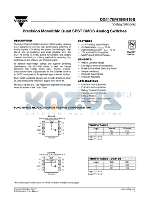 DG418BDJ-E3 datasheet - Precision Monolithic Quad SPST CMOS Analog Switches