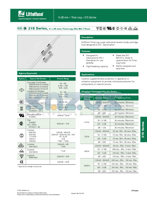 021506.3MXP datasheet - 215 Series, 5 x 20 mm, Time-Lag (Slo-Blo^) Fuse