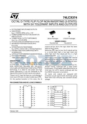 74LCX374T datasheet - OCTAL D-TYPE FLIP FLOP NON INVERTING 3-STATE WITH 5V TOLERANT INPUTS AND OUTPUTS