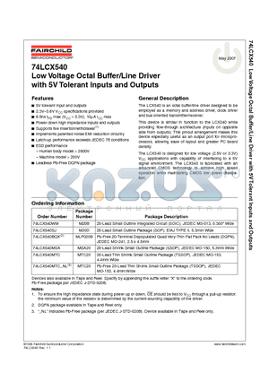 74LCX540 datasheet - Low Voltage Octal Buffer/Line Driver with 5V Tolerant Inputs and Outputs