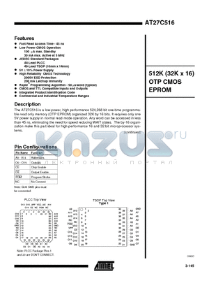 AT27C516-45VI datasheet - 512K 32K x 16 OTP CMOS EPROM