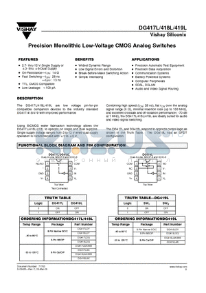 DG418LAK/883 datasheet - Precision Monolithic Low-Voltage CMOS Analog Switches