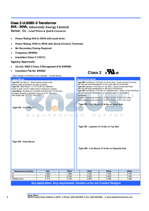 CL05X24-000 datasheet - Class 2 UL5085-3 Transformer 5VA - 30VA, Inherently Energy Limited