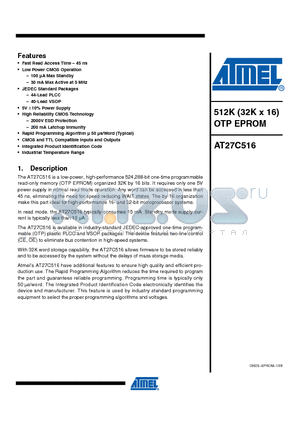 AT27C516-45JU datasheet - 512K (32K x 16) OTP EPROM