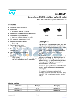 74LCX541TTR datasheet - LOW VOLTAGE CMOS OCTAL BUS BUFFER (3-STATE) WITH 5V TOLERANT INPUTS AND OUTPUTS