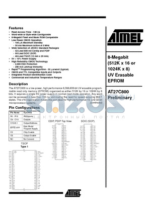AT27C800-10 datasheet - 8-Megabit 512K x 16 or 1024K x 8 UV Erasable EPROM