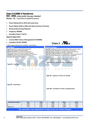 CL05X04-000 datasheet - Class 2 UL5085-3 Transformer 5VA - 30VA, Inherently Energy Limited