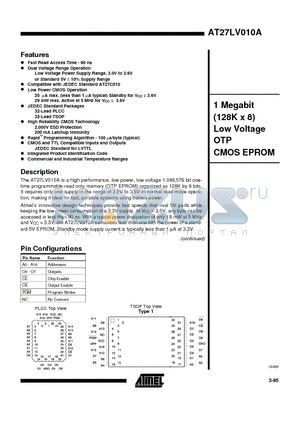 AT27LV010A-90 datasheet - 1 Megabit 128K x 8 Low Voltage OTP CMOS EPROM