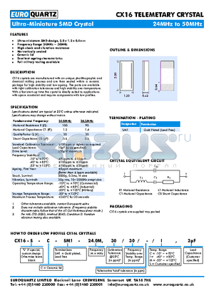CX16 datasheet - Ultra-miniature SMD design, 2.0 x 1.2 x 0.4mm