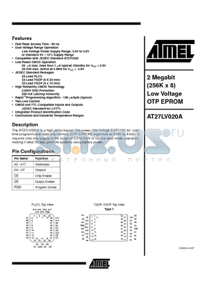 AT27LV020A-12JC datasheet - 2 Megabit 256K x 8 Low Voltage OTP EPROM