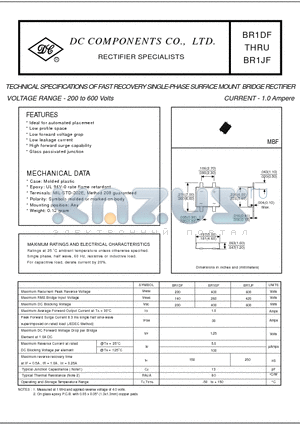 BR1DF datasheet - TECHNICAL SPECIFICATIONS OF FAST RECOVERY SINGLE-PHASE SURFACE MOUNT BRIDGE RECTIFIER VOLTAGE RANGE