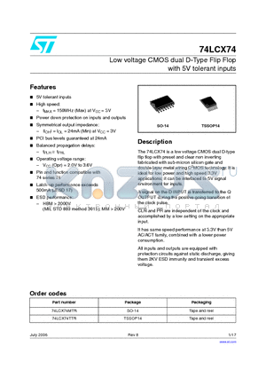 74LCX74 datasheet - Low voltage CMOS dual D-Type Flip Flop with 5V tolerant inputs