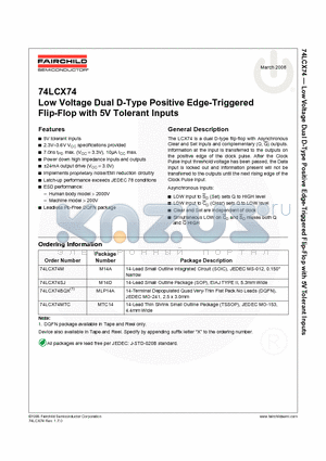 74LCX74MTCX datasheet - 74LCX74 Low Voltage Dual D-Type Positive Edge-Triggered Flip-Flop with 5V Tolerant Inputs