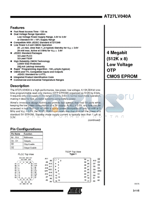 AT27LV040A-15TC datasheet - 4 Megabit 512K x 8 Low Voltage OTP CMOS EPROM