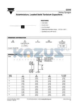 CX16M225K datasheet - Subminiature, Leaded Solid Tantalum Capacitors