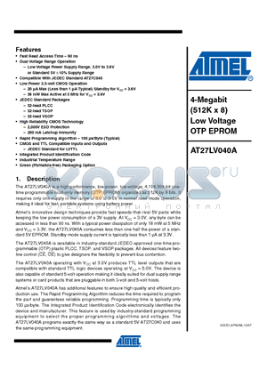 AT27LV040A datasheet - 4-Megabit (512K x 8) Low Voltage OTP EPROM