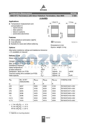 B57620-C104-J162 datasheet - SMD NTC Thermistors with Silver Palladium Termination, Size 0805