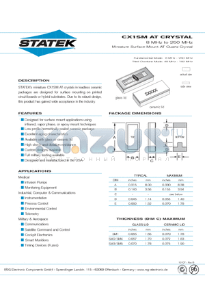 CX1CSM2 datasheet - 8 MHz to 250 MHz Miniature Surface Mount AT Quartz Crystal