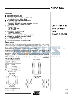 AT27LV256A-12TC datasheet - 256K 32K x 8 Low Voltage OTP CMOS EPROM