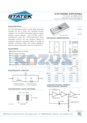 CX1HCSM3 datasheet - 10 kHz to 600 kHz Miniature Surface Mount Quartz Crystal for Series Oscillators