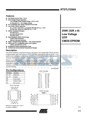 AT27LV256A-70JC datasheet - 256K 32K x 8 Low Voltage OTP CMOS EPROM
