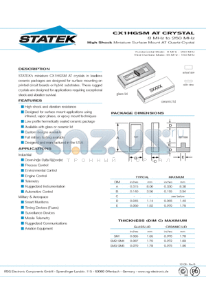 CX1HGO.T.SM3 datasheet - 8 MHz to 250 MHz High Shock Miniature Surface Mount AT Quartz Crystal