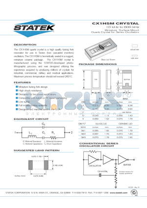 CX1HSM datasheet - Miniature Surface Mount Quartz Crystal for Series Oscillators