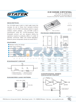 CX1HSM3 datasheet - 10 kHz to 600 kHz Miniature Surface Mount Quartz Crystal for Series Oscillators