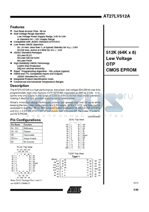 AT27LV512A-90TC datasheet - 512K 64K x 8 Low Voltage OTP CMOS EPROM