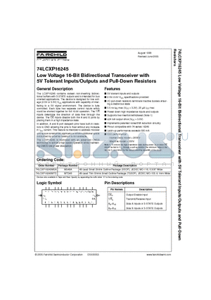 74LCXP16245 datasheet - Low Voltage 16-Bit Bidirectional Transceiver with 5V Tolerant Inputs/Outputs and Pull-Down Resistors