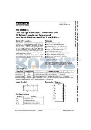 74LCXR2245MTC datasheet - Low Voltage Bidirectional Transceiver with 5V Tolerant Inputs and Outputs and 26 Series Resistors on Both A and B Ports