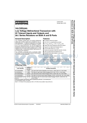 74LCXR2245WM datasheet - Low Voltage Bidirectional Transceiver with 5V Tolerant Inputs and Outputs and 26ohm Series Resistors on Both A and B Ports