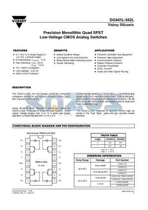 DG442LAZ883 datasheet - Precision Monolithic Quad SPST Low-Voltage CMOS Analog Switches