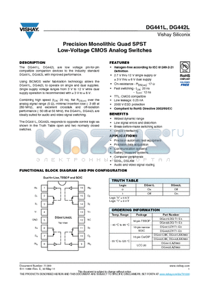 DG442LDY-T1-E3 datasheet - Precision Monolithic Quad SPST Low-Voltage CMOS Analog Switches