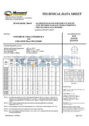 1N5546BUR-1 datasheet - ZENER DIODE, 500mW