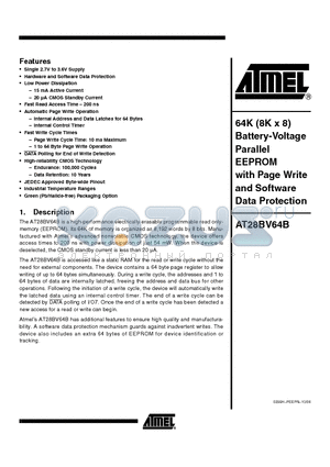 AT28BV64B-20SI datasheet - 64K (8K x 8) Battery-Voltage Parallel EEPROM with Page Write and Software Data Protection