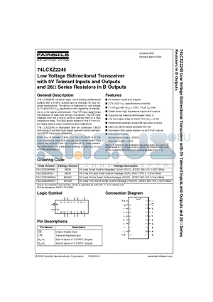 74LCXZ2245WM datasheet - Low Voltage Bidirectional Transceiver with 5V Tolerant Inputs and Outputs and 26ohm Series Resistors in B Outputs