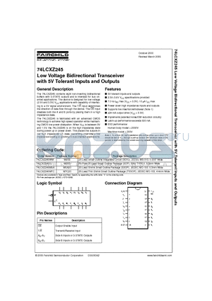 74LCXZ245MTC datasheet - Low Voltage Bidirectional Transceiver with 5V Tolerant Inputs and Outputs